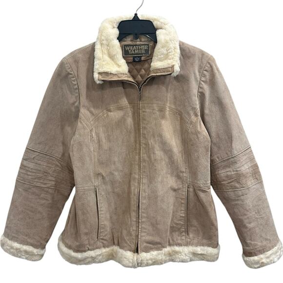 Weather Tamer VTG 90s Beige Suede Faux Fur Shearling Coat Aviator Pilot Sz Large - Picture 1 of 15